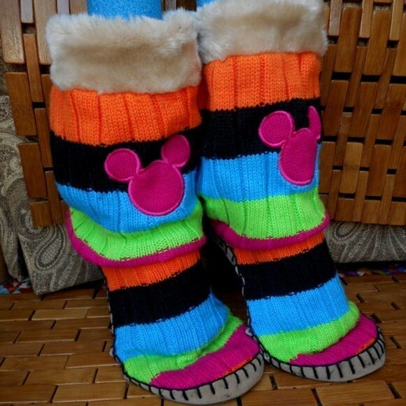 DISNEY Neon Colored Horizontal Striped Faux Leather Slipper Booties L/XL - Picture 1 of 7
